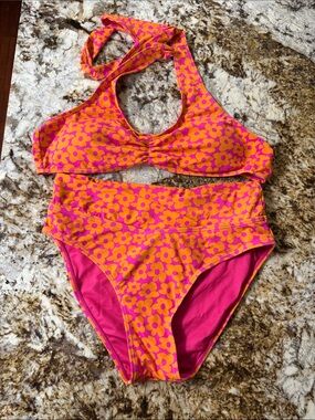 Pink Lily Pink & Orange Floral Halter High-Waist Bikini